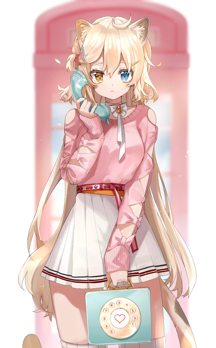 :&lt; ahoge animal_ear_fluff animal_ears arm_cutout bag bangs bangs_pinned_back bare_shoulders belt blonde_hair blue_eyes blush bow breasts choker commentary cowboy_shot hair_ornament hairclip heterochromia high-waist_skirt holding holding_bag holding_phone long_hair looking_at_viewer medium_breasts mid_(gameshe) original phone phone_booth pink_sweater pleated_skirt ribbon ribbon_choker rotary_phone shoulder_cutout skirt sleeve_ribbon standing sweater tail thigh-highs tied_hair very_long_hair white_bow white_ribbon white_skirt yellow_eyes