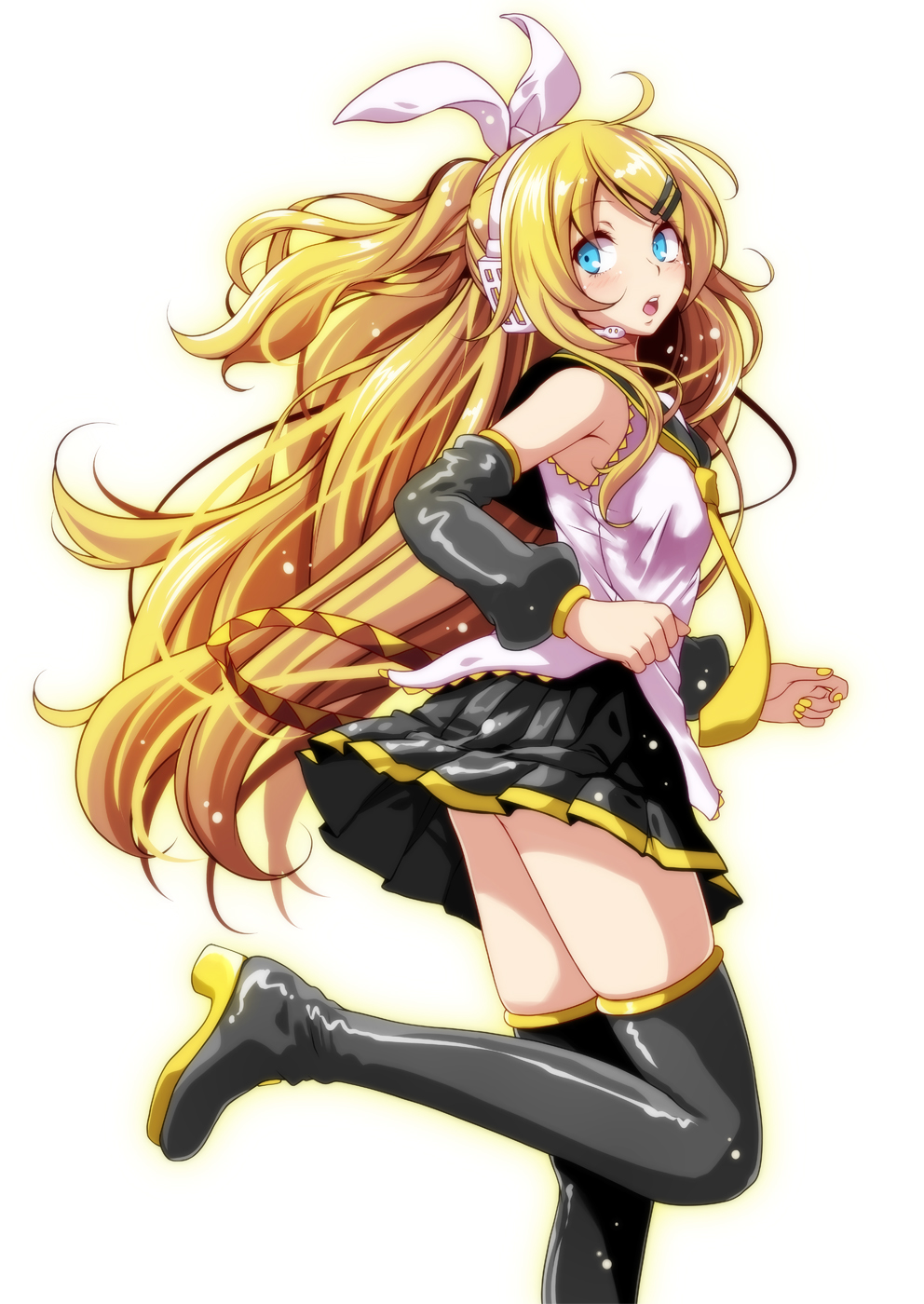 1girl :o ahoge bangs black_footwear black_sailor_collar black_skirt black_sleeves blonde_hair blue_eyes blush boots breasts commentary_request detached_sleeves eyebrows_visible_through_hair from_behind hair_ornament hair_ribbon hairclip headset highres kagamine_rin leg_up long_sleeves looking_at_viewer looking_back medium_breasts miniskirt nail_polish neckerchief older open_mouth pleated_skirt ponytail project_diva_(series) ribbon sailor_collar school_uniform serafuku shirt simple_background skirt solo standing standing_on_one_leg swept_bangs thigh-highs thigh_boots tsukishiro_saika upper_teeth vocaloid white_background white_ribbon white_shirt yellow_nails yellow_neckwear zettai_ryouiki