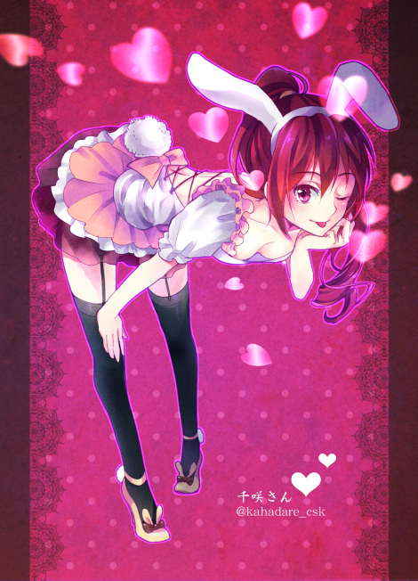 1girl ;p animal_ears backless_outfit bent_over black_legwear bow breasts bunny_tail cleavage collarbone fake_animal_ears free! full_body garter_straps hairband hand_on_own_knee head_rest high_heels high_ponytail long_hair matsuoka_gou miniskirt momoko_(momoko14) one_eye_closed pink_bow rabbit_ears red_background red_eyes redhead see-through skirt small_breasts solo standing tail thigh-highs tongue tongue_out twitter_username white_hairband