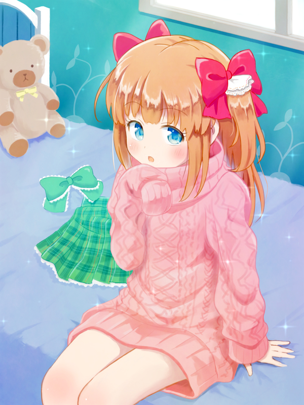 1girl bed blue_eyes brown_hair furuhiro girlfriend_(kari) green_skirt hand_to_own_mouth long_hair no_pants open_mouth oversized_clothes pink_sweater plaid plaid_skirt ribbon sitting skirt skirt_removed sleeves_past_wrists solo stuffed_animal stuffed_toy sweater teddy_bear turtleneck turtleneck_sweater two_side_up window yuuki_nae