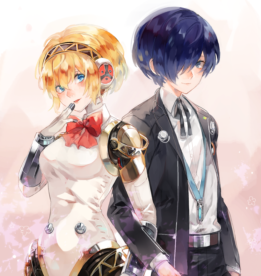 1boy 1girl aegis_(persona) android armband blonde_hair blue_eyes blue_hair couple gloves hair_over_one_eye headphones looking_at_viewer lor_(roasyerizyonirapi) persona persona_3 ribbon robot_joints s.e.e.s school_uniform short_hair simple_background smile yuuki_makoto