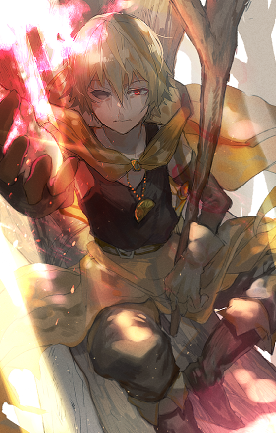 1boy :| alex_the_sage_in_yellow arm_warmers belt black_footwear black_pants blonde_hair brown_gloves closed_mouth gloves hatutaro hood hood_down jewelry looking_at_viewer necklace outdoors pants pixiv_fantasia_last_saga red_eyes sitting solo sunlight walking_stick yellow_cloak