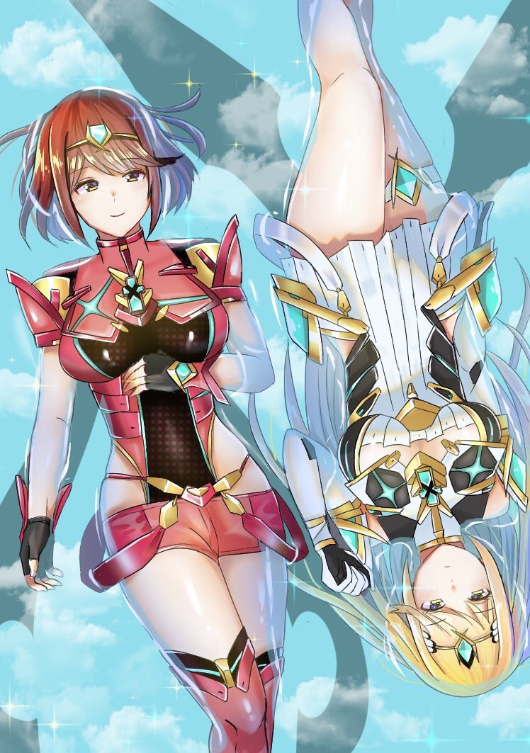 2girls armor bangs bare_shoulders blonde_hair breasts cleavage commentary_request dress elbow_gloves fingerless_gloves floating gem gloves hair_ornament headpiece mythra_(xenoblade) pyra_(xenoblade) jewelry large_breasts long_hair looking_at_viewer multiple_girls nano_mik nintendo red_eyes red_shorts redhead short_hair short_shorts shorts smile swept_bangs thigh-highs tiara very_long_hair water wet white_dress xenoblade_(series) xenoblade_2 yellow_eyes