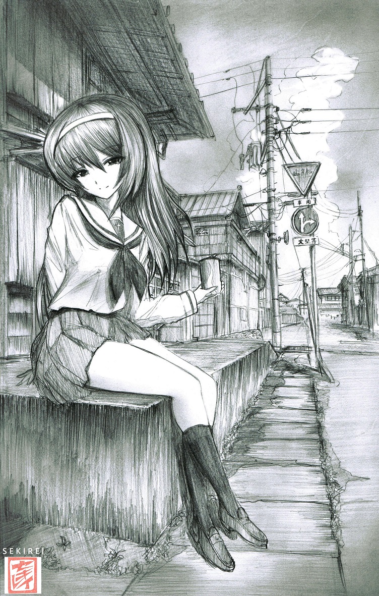 1girl arm_behind_back arm_support artist_logo artist_name bangs blouse building can closed_mouth clouds cloudy_sky commentary day eyebrows_visible_through_hair girls_und_panzer graphite_(medium) greyscale hairband head_tilt holding holding_can loafers long_hair long_sleeves looking_at_viewer miniskirt monochrome neckerchief ooarai_school_uniform outdoors pleated_skirt reizei_mako road_sign school_uniform sekirei_tessar serafuku shoes sign sitting skirt sky smile socks soda_can solo traditional_media utility_pole