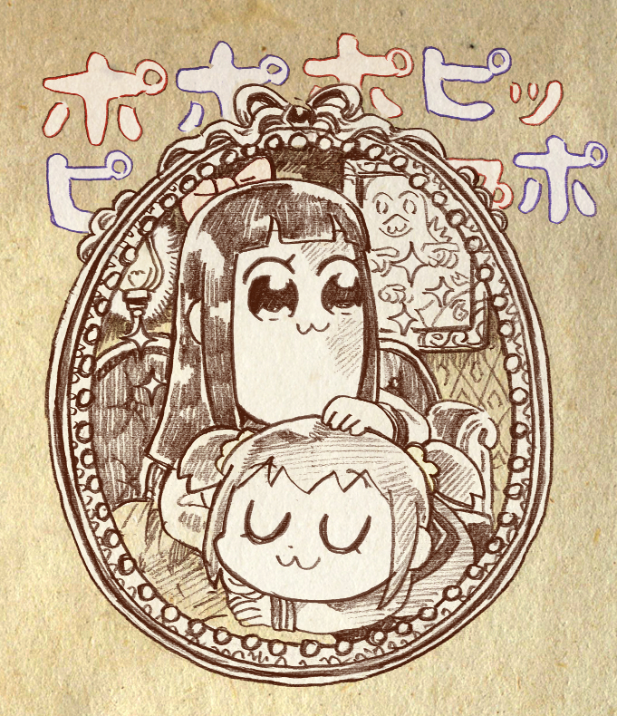 2girls :3 bangs black_eyes black_hair blunt_bangs bow closed_eyes eyebrows_visible_through_hair frame hair_bow hand_on_another's_head lamp long_hair long_sleeves monochrome multiple_girls no_nose pipimi poptepipic popuko short_hair sparkle t_atarou translation_request twintails