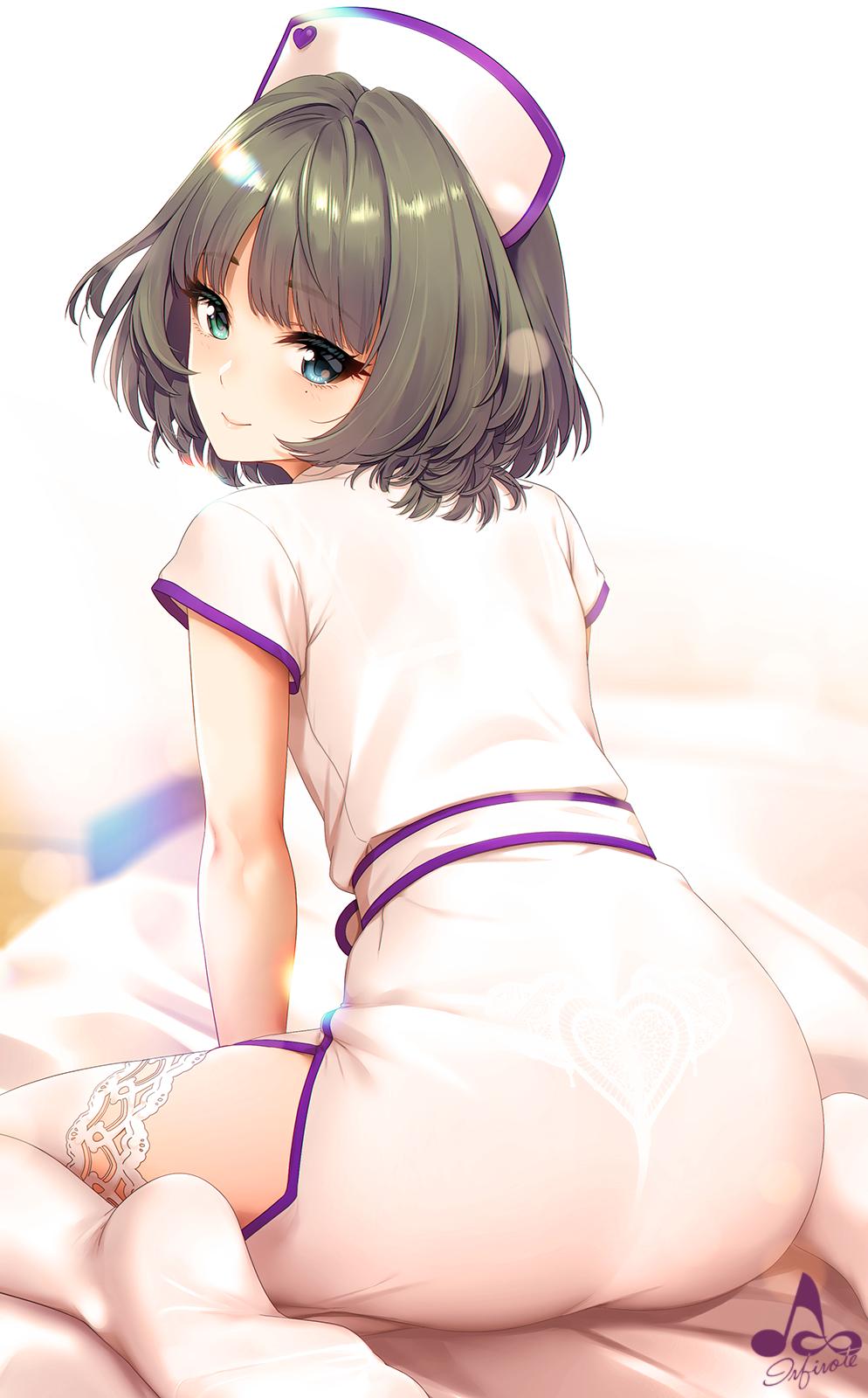 1girl artist_name bangs bed_sheet blue_eyes blush brown_hair dress eyebrows_visible_through_hair from_behind green_eyes hat heart heterochromia highres idolmaster idolmaster_cinderella_girls infinote lingerie looking_at_viewer looking_back mole mole_under_eye nurse nurse_cap panties see-through short_hair sitting smile solo takagaki_kaede thigh-highs underwear wariza white_legwear white_panties