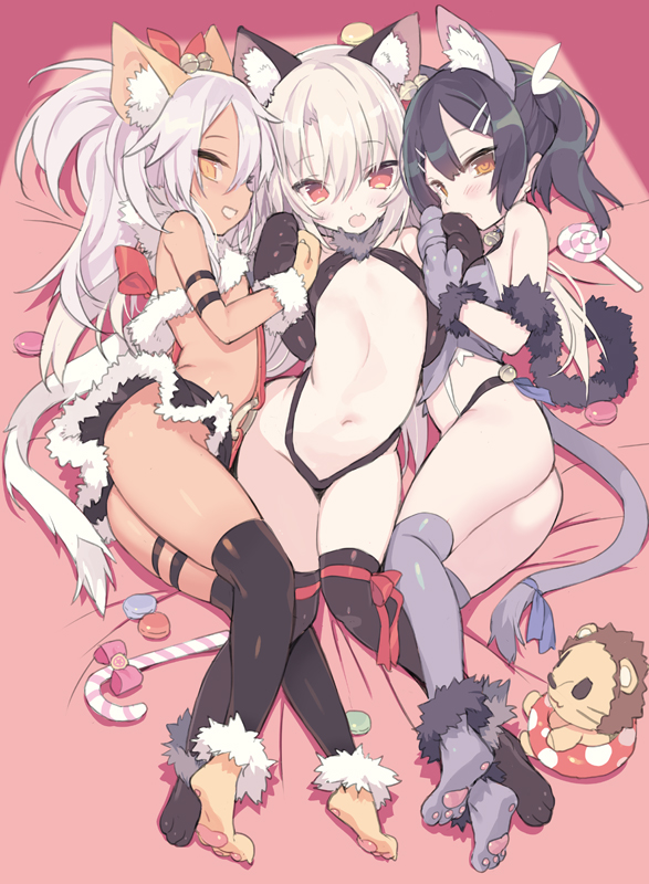 3girls :d animal_ear_fluff animal_ears ass bangs bare_shoulders bell black_hair black_legwear black_leotard black_skirt blade_(galaxist) blush breasts brown_eyes brown_legwear candy candy_cane cat_ears cat_girl cat_tail center_opening chloe_von_einzbern commentary_request dark_skin eyebrows_visible_through_hair fang fate/kaleid_liner_prisma_illya fate_(series) food fur girl_sandwich gloves grin groin hair_bell hair_between_eyes hair_ornament hair_ribbon hairclip highleg highleg_leotard illyasviel_von_einzbern jingle_bell leotard lollipop long_hair looking_at_viewer lying macaron miyu_edelfelt multiple_girls navel on_back on_side open_mouth paw_gloves paw_shoes paws purple_legwear purple_shirt red_eyes red_ribbon ribbon sandwiched shirt shoes silver_hair skirt sleeveless sleeveless_shirt small_breasts smile soles swirl_lollipop tail thigh-highs twintails very_long_hair