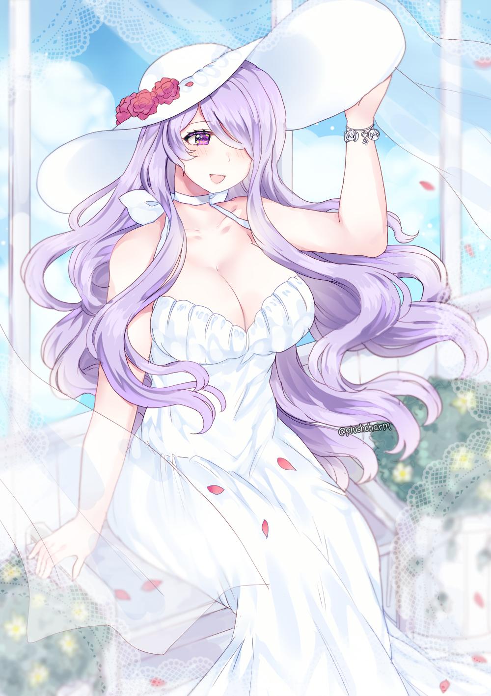 1girl alternate_costume arm_up blue_sky breasts camilla_(fire_emblem_if) cleavage clouds day dress fire_emblem fire_emblem_if flower hair_over_one_eye hand_on_headwear hat hat_flower highres large_breasts long_hair nintendo open_mouth petals plushcharm purple_hair sitting sky solo sun_hat twitter_username violet_eyes white_dress white_hat