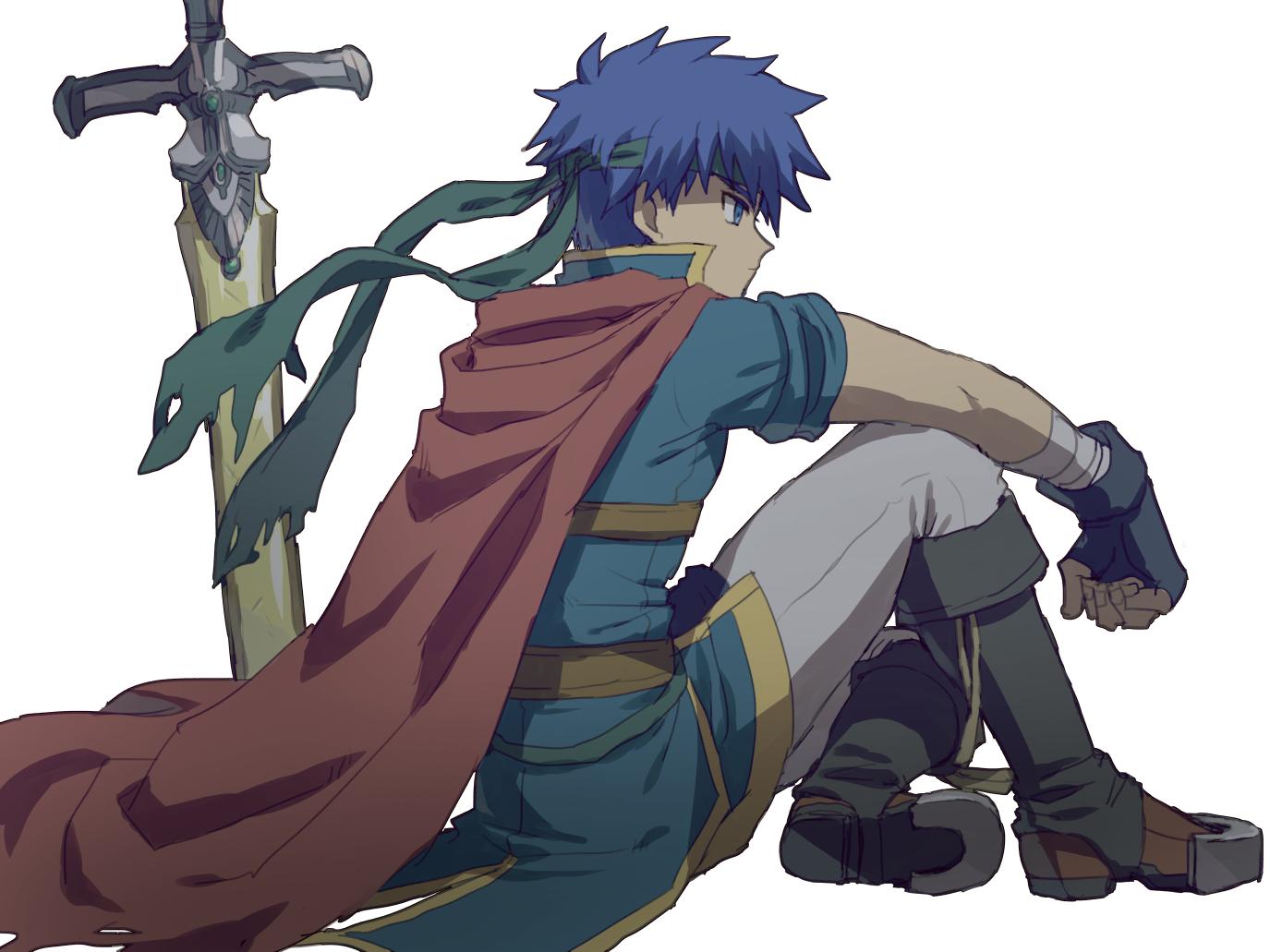 1boy armor blue_eyes blue_hair cape fire_emblem fire_emblem:_souen_no_kiseki gloves headband ike kometubu0712 male_focus nintendo ragnell short_hair simple_background sitting solo sword weapon