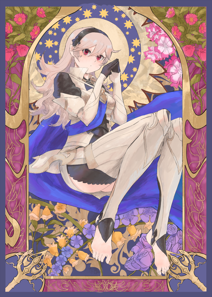 1girl black_gloves black_hairband female_my_unit_(fire_emblem_if) fire_emblem fire_emblem_if flower full_body gloves grey_legwear hair_between_eyes hairband invisible_chair long_hair looking_at_viewer my_unit_(fire_emblem_if) nintendo pink_flower purple_flower quentin_lecuiller red_eyes shiny shiny_hair silver_hair sitting solo yellow_flower