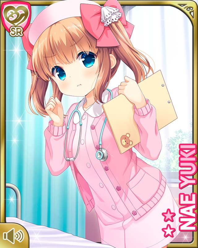 1girl annoyed arms_up blue_eyes brown_hair cardigan character_name clenched_hand clipboard dress girlfriend_(kari) hat leaning_forward long_hair nurse nurse_cap official_art pink_cardigan pink_dress pink_hat pout qp:flapper ribbon solo stethoscope twintails yuuki_nae