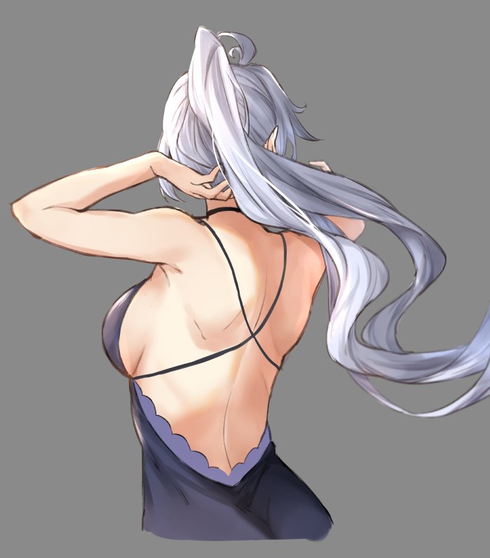 1girl adjusting_hair alternate_costume back backless_dress backless_outfit bare_shoulders breasts commentary_request dress from_behind granblue_fantasy grey_background high_ponytail long_hair ponytail purple_dress sideboob silva_(granblue_fantasy) silver_hair terry_(pixiv3274443)