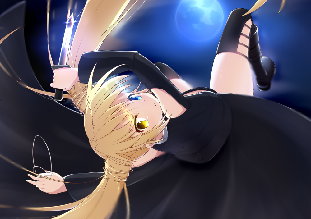 1girl black_coat black_footwear blonde_hair blue_eyes boots eyebrows_visible_through_hair floating_hair full_moon heterochromia holding holding_knife knife long_hair long_sleeves looking_at_viewer moon nakatsu_shizuru night outdoors rewrite shoulder_cutout solo tagame_(tagamecat) thigh-highs thigh_boots twintails v-shaped_eyebrows very_long_hair yellow_eyes