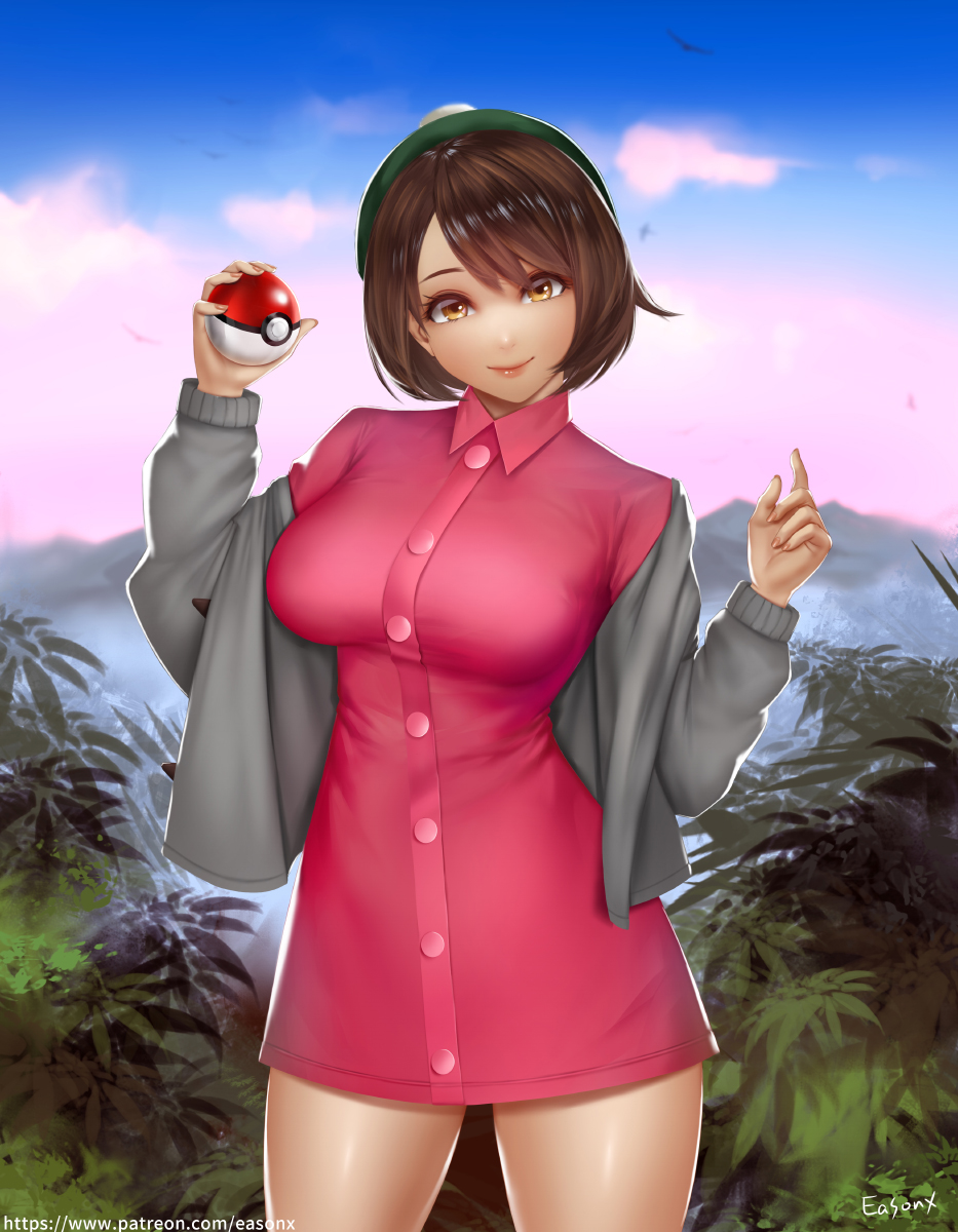1girl artist_name bangs bird breasts brown_eyes brown_hair cardigan collared_dress cowboy_shot creatures_(company) day dress easonx female_protagonist_(pokemon_swsh) game_freak green_hat grey_sweater hat highres holding holding_poke_ball large_breasts long_sleeves looking_at_viewer nintendo off_shoulder open_cardigan open_clothes outdoors pink_dress poke_ball pokemon pokemon_(game) pokemon_swsh short_dress short_hair smile solo sweater tam_o'_shanter yellow_eyes