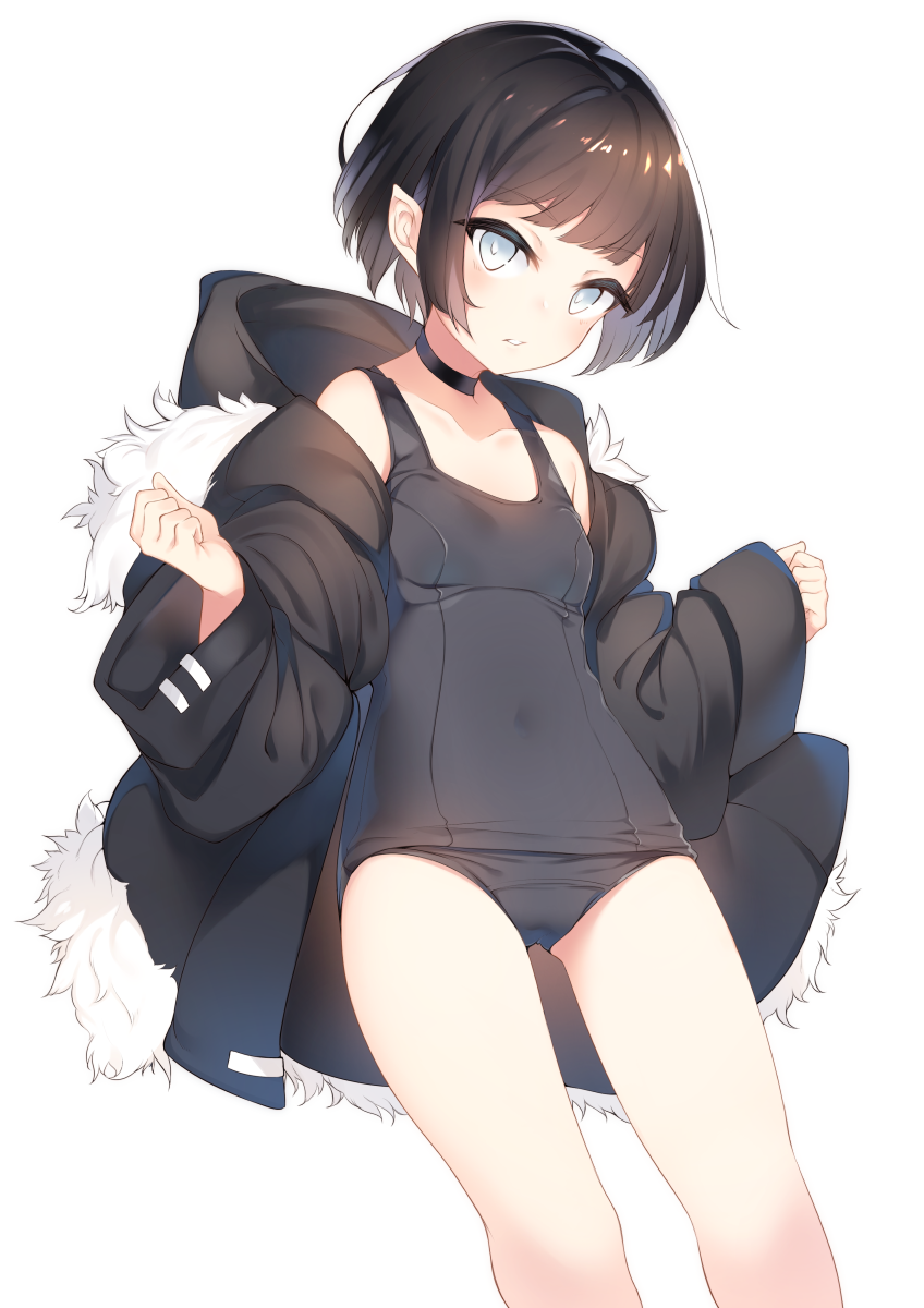 1girl ass_visible_through_thighs bangs black_hair black_neckwear blush breasts choker closed_mouth collarbone commentary_request covered_navel eyebrows_visible_through_hair fur-trimmed_jacket fur_trim grey_eyes hair_between_eyes highres hood hooded_jacket jacket long_sleeves looking_at_viewer navel one-piece_swimsuit original otokuyou pointy_ears short_hair simple_background small_breasts solo standing swimsuit thighs white_background