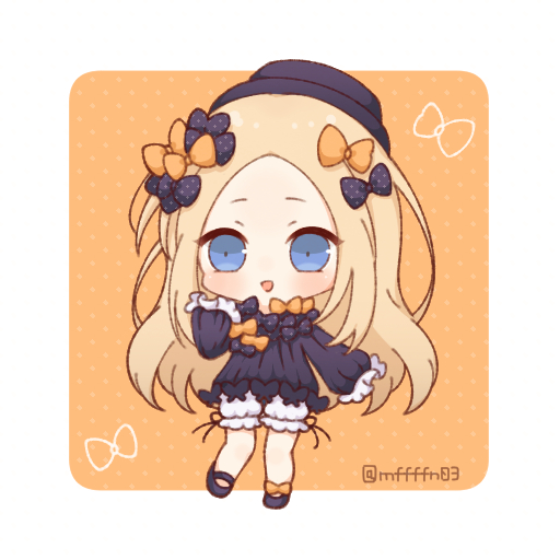 1girl :d abigail_williams_(fate/grand_order) bangs black_bow black_dress black_footwear black_hat blonde_hair bloomers blue_eyes blush bow bug butterfly chibi commentary_request dress fate/grand_order fate_(series) forehead full_body hair_bow hand_up hat insect long_hair long_sleeves mofu_(crsriber) open_mouth orange_background orange_bow parted_bangs polka_dot polka_dot_bow shoes sleeves_past_fingers sleeves_past_wrists smile solo standing standing_on_one_leg twitter_username two-tone_background underwear very_long_hair white_background white_bloomers