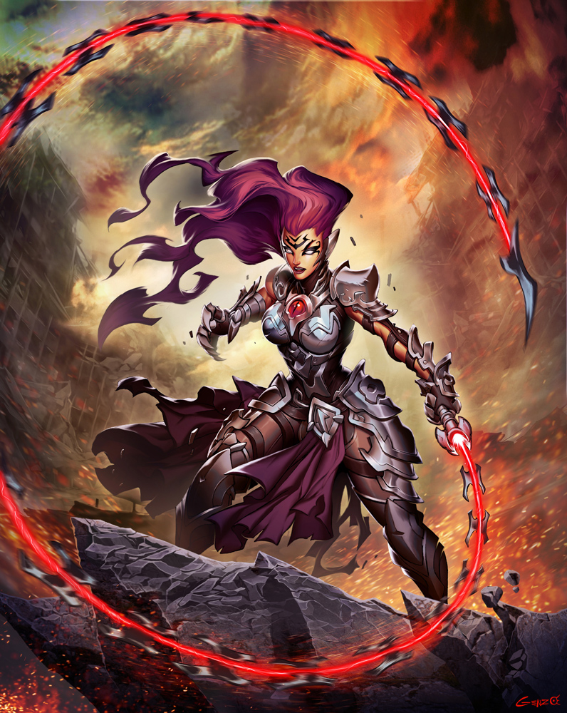 1girl armor armored_boots armored_dress boots breastplate chains commentary darksiders darksiders_iii english_commentary fury_(darksiders) gauntlets genzoman holding holding_weapon holding_whip long_hair no_pupils official_art purple_hair tagme weapon whip white_eyes