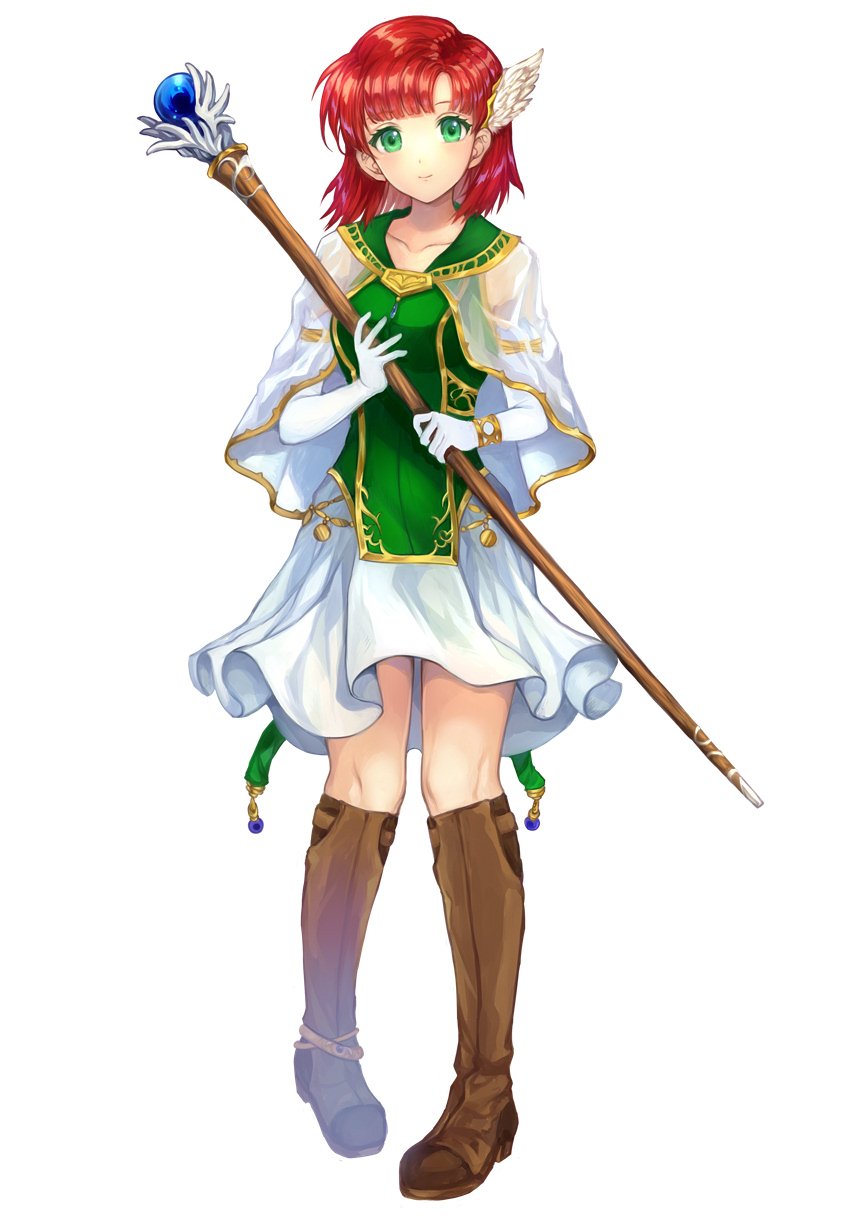 1girl boots brown_footwear closed_mouth dress fire_emblem fire_emblem:_rekka_no_ken full_body gloves green_eyes hair_ornament highres holding holding_staff jurge knee_boots nintendo priscilla_(fire_emblem) redhead see-through short_hair simple_background smile solo staff standing white_background white_gloves wing_hair_ornament