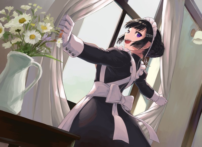 :d apron bangs black_dress black_hair blunt_bangs braided_bun commentary_request curtains dress dutch_angle flower frills from_behind gloves hair_bun hair_ornament hairclip kaku_choushi kantai_collection long_sleeves looking_at_viewer looking_back maid maid_apron maid_headdress myoukou_(kantai_collection) open_mouth smile vase violet_eyes white_gloves window