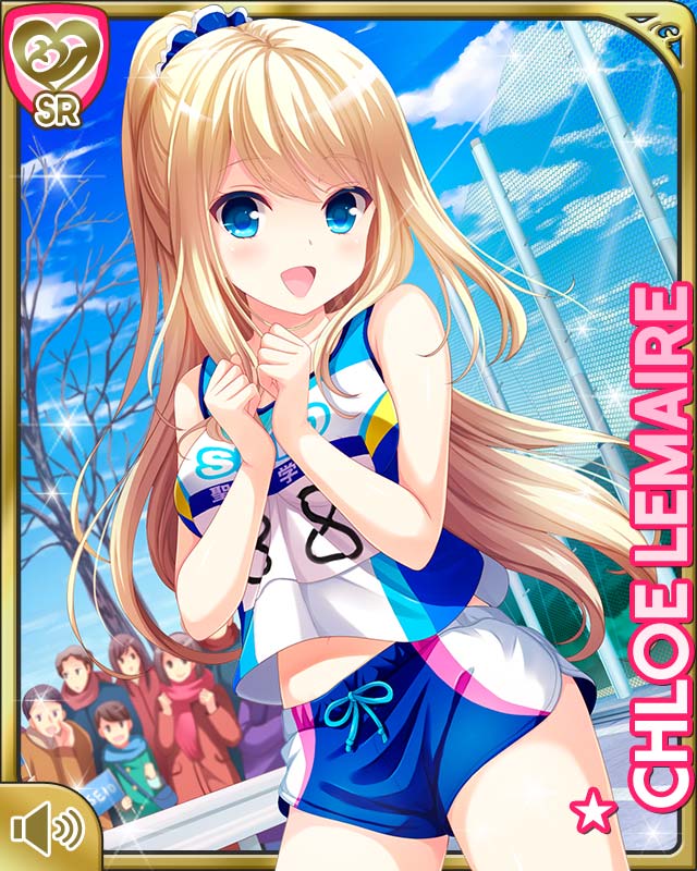 3girls 4boys blonde_hair blue_eyes blue_shorts blue_vest character_name chloe_lemaire clenched_hands clouds coat day girlfriend_(kari) gym_uniform hands_on_own_chest long_hair multiple_boys multiple_girls official_art outdoors ponytail qp:flapper scarf short_shorts shorts sky smile solo_focus track_and_field tree very_long_hair vest