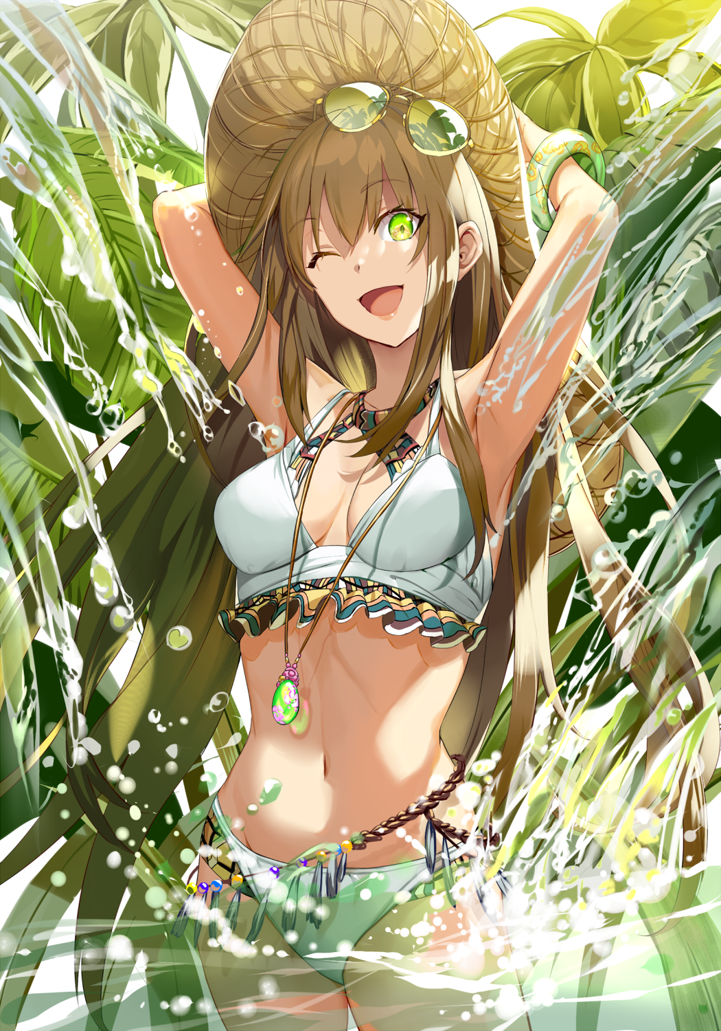 1girl ;d armpits arms_behind_head arms_up bangle bare_shoulders bikini bracelet breasts breasts_apart brown_hair collarbone commentary_request day ddaomphyo eyewear_on_head frilled_bikini frills green_eyes groin halterneck hat highres jewelry leaf light_particles long_hair looking_at_viewer medium_breasts navel necklace one_eye_closed open_mouth original partially_submerged plant ripples sidelocks smile solo stomach sun_hat sunglasses swimsuit tassel very_long_hair water white_bikini
