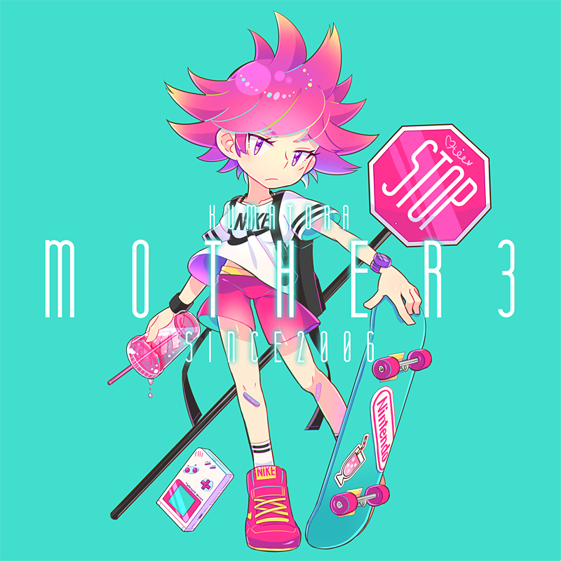 1girl alternate_costume aqua_background backpack bag character_name closed_mouth collarbone copyright_name cup drinking_straw eyebrows_visible_through_hair frown full_body game_boy handheld_game_console holding holding_cup kumatora legs_apart looking_at_viewer mother_(game) mother_3 nike nintendo otoe_(milkyboy_inc.) panties pink_footwear pink_hair pink_shorts shirt shoes short_hair short_sleeves shorts sign simple_background skateboard sneakers socks solo stop_sign t-shirt underwear violet_eyes watch watch white_legwear white_shirt yellow_panties