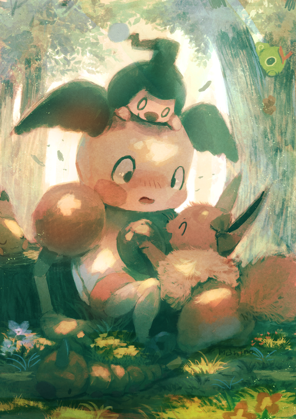 blush bow caterpie caterpillar closed_eyes commentary_request creatures_(company) eevee forest game_freak gen_1_pokemon gen_4_pokemon highres manino_(mofuritaionaka) mime_jr. mr._mime nature nintendo no_humans open_mouth pikachu pokemon pokemon_(creature) signature sitting tree tree_stump weedle