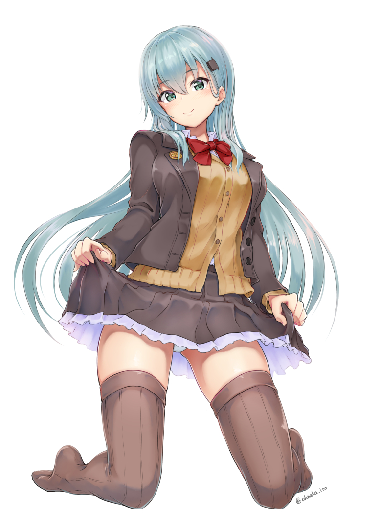 1girl aqua_hair ass_visible_through_thighs bangs blazer blush bow breasts brown_jacket brown_legwear buttons closed_mouth collarbone commentary_request eyebrows_visible_through_hair green_eyes hair_between_eyes hair_ornament hairclip holding jacket kantai_collection large_breasts lifted_by_self long_hair long_sleeves looking_at_viewer oonaka_ito panties pleated_skirt red_bow red_neckwear school_uniform shirt simple_background skindentation skirt skirt_lift smile solo suzuya_(kantai_collection) thigh-highs underwear white_background white_panties white_shirt