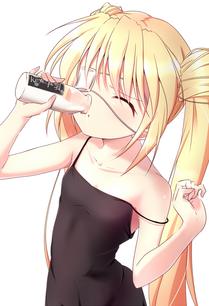 1girl black_dress blonde_hair bottle closed_eyes collarbone double_bun dress drinking eyepatch flat_chest holding holding_bottle long_hair milk_bottle nakatsu_shizuru off_shoulder rewrite shiny shiny_hair shiny_skin simple_background sleeveless sleeveless_dress solo standing tagame_(tagamecat) twintails upper_body very_long_hair white_background