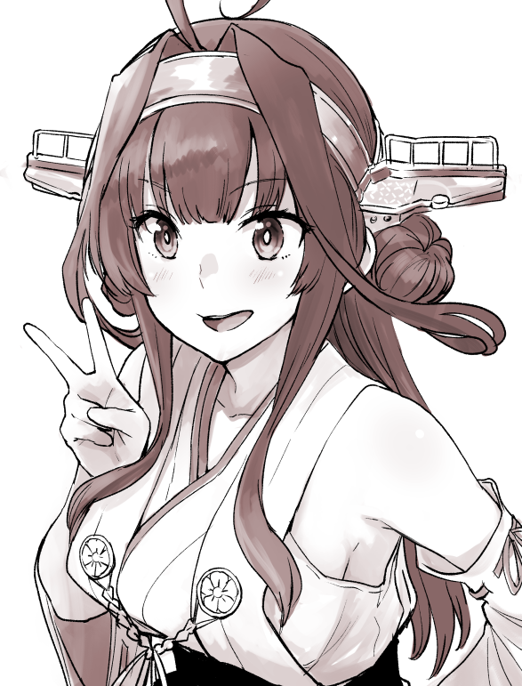 1girl antenna_hair blush breasts collarbone detached_sleeves double_bun eyebrows_visible_through_hair eyeshadow greyscale hair_between_eyes hair_ornament hairband headgear japanese_clothes kantai_collection kongou_(kantai_collection) long_hair looking_at_viewer makeup medium_breasts monochrome nontraditional_miko open_mouth remodel_(kantai_collection) ribbon-trimmed_sleeves ribbon_trim sideboob simple_background skirt smile solo upper_body v watanore white_background
