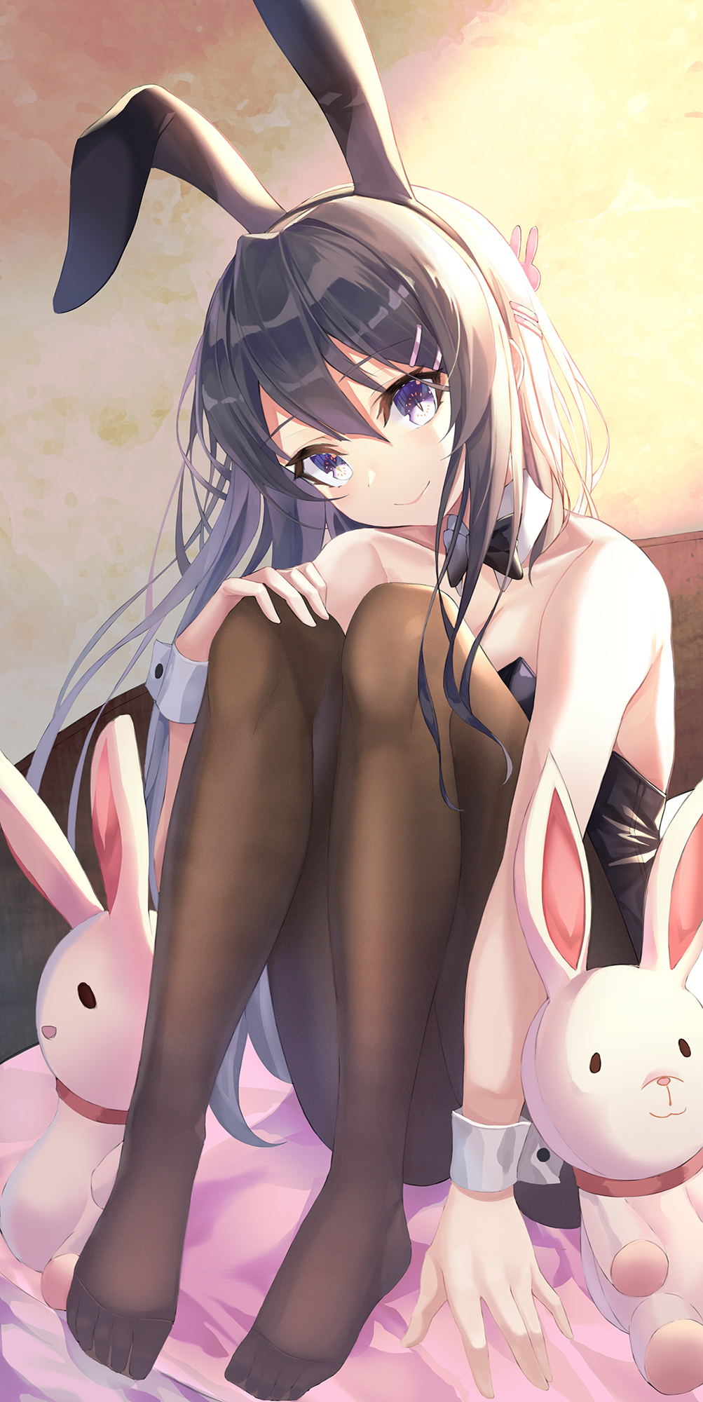 1girl animal_ears arm_support ass backlighting bare_arms bare_shoulders bed black_bunny_ears black_hair black_hairband black_leotard black_neckwear bow bowtie breasts brown_legwear bunny_girl bunny_hair_ornament bunnysuit cleavage closed_mouth collarbone commentary_request detached_collar eyebrows_visible_through_hair fake_animal_ears feet female fine_fabric_emphasis full_body hair_between_eyes hair_ornament hairband hairclip hand_on_own_knee head_tilt highres indoors knees_up legs leotard long_hair looking_at_viewer minin982 no_shoes on_bed pantyhose rabbit_ears sakurajima_mai seishun_buta_yarou sidelocks sitting slit_pupils smile solo strapless strapless_leotard stuffed_animal stuffed_bunny stuffed_toy very_long_hair violet_eyes wrist_cuffs