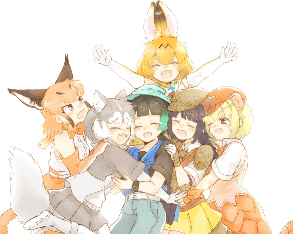 6+girls :d ;d ^_^ animal_ear_fluff animal_ears armadillo_ears arms_up bare_shoulders black_hair blonde_hair bow bowtie caracal_(kemono_friends) caracal_ears closed_eyes closed_eyes commentary_request dog_(kemono_friends) dog_ears dog_tail elbow_gloves elbow_pads extra_ears fang giant_armadillo_(kemono_friends) giant_pangolin_(kemono_friends) girl_sandwich gloves green_hair grey_hair group_hug happy hat hat_feather hug kemono_friends kyururu_(kemono_friends) moeki_(moeki0329) multicolored_hair multiple_girls one_eye_closed open_mouth orange_hair outstretched_arms pangolin_ears sandwiched serval_(kemono_friends) serval_ears shoulder_pads simple_background smile spread_arms tail two-tone_hair white_background white_hair |d