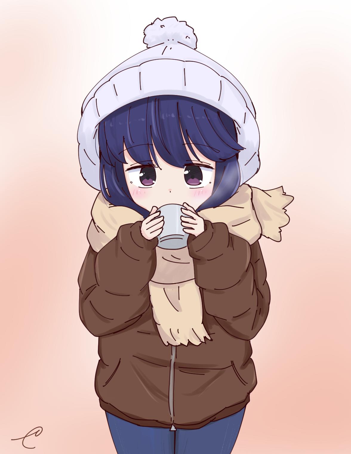 1girl beanie blue_pants blush brown_background brown_jacket brown_scarf commentary_request covered_mouth cowboy_shot cup gradient gradient_background grey_hat hat highres holding holding_cup jacket kujou_karasuma long_hair long_sleeves mug pants puffy_long_sleeves puffy_sleeves purple_hair scarf shima_rin sidelocks sleeves_past_wrists solo steam violet_eyes white_background yurucamp