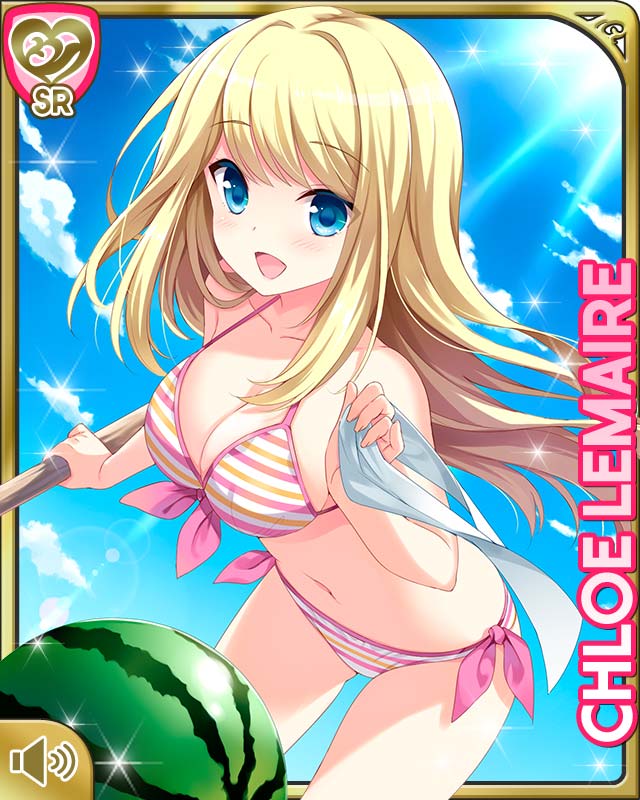1girl bent_over bikini blindfold blindfold_removed blonde_hair blue_eyes breasts character_name chloe_lemaire cleavage clouds food fruit girlfriend_(kari) large_breasts long_hair navel official_art open_mouth outdoors qp:flapper side-tie_bikini sky smile solo stick striped striped_bikini striped_swimsuit swimsuit watermelon