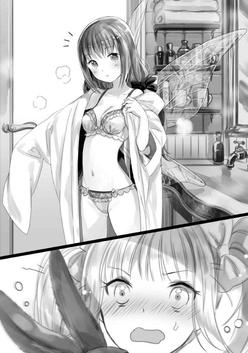 2girls blush bow bra breasts butterfly_wings cleavage collarbone eyebrows_visible_through_hair fuji_choko hair_bow highres indoors japanese_clothes kenja_no_deshi_wo_nanoru_kenja kimono looking_at_viewer medium_breasts multiple_girls navel novel_illustration official_art open_clothes open_kimono open_mouth panties shiny shiny_hair split_screen standing sweatdrop transparent underwear underwear_only wings
