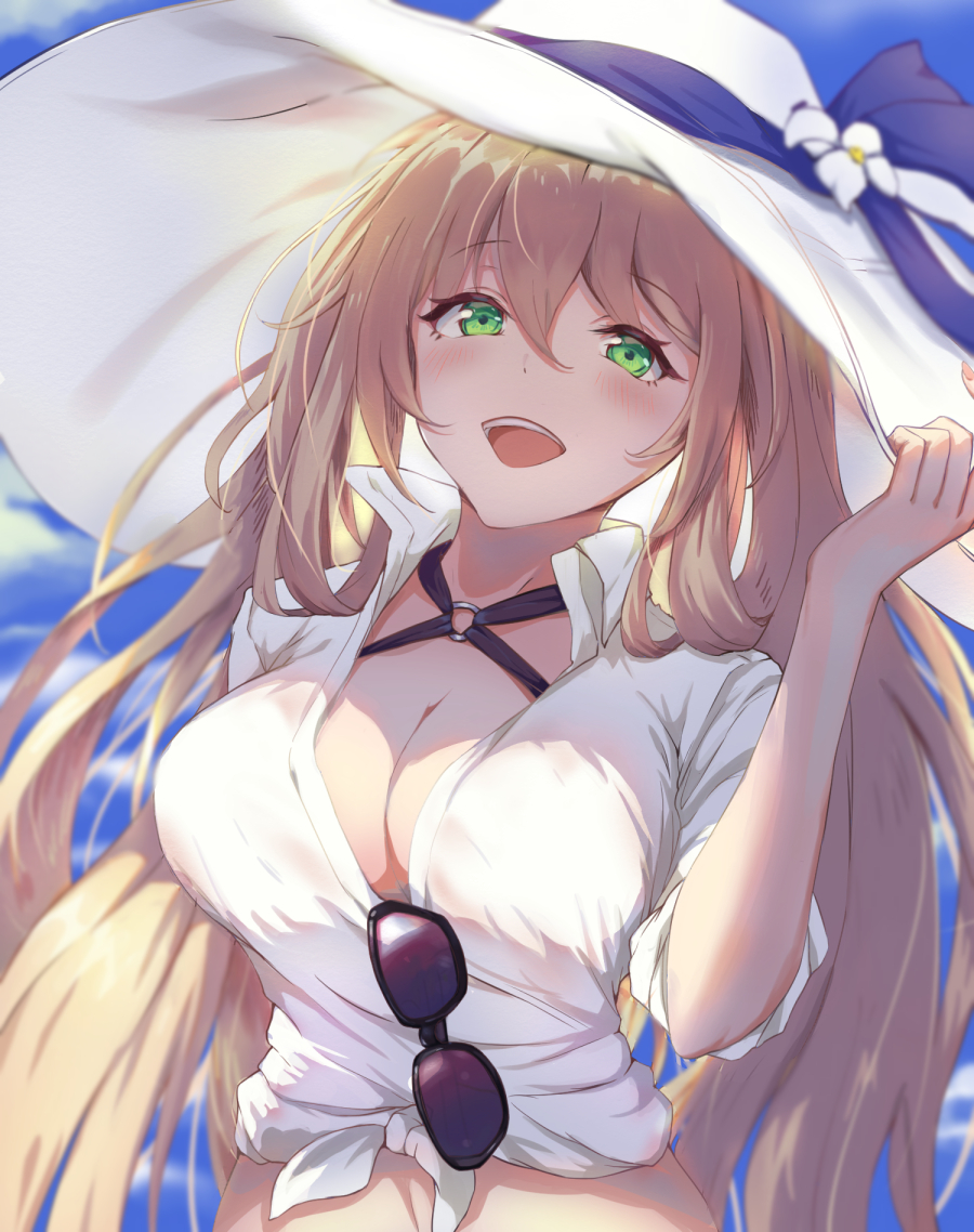 1girl adjusting_headwear alternate_costume bangs bikini black_ribbon blue_sky blurry blurry_background blush breasts brown_hair cleavage clouds day eyebrows_visible_through_hair eyewear_removed girls_frontline green_eyes hair_between_eyes hair_rings hat hat_ribbon large_breasts long_hair looking_at_viewer m1903_springfield_(girls_frontline) open_mouth outdoors ponytail ribbon shirt sidelocks sky smile solo sun_hat sunglasses swimsuit tied_shirt toki_(yoyobozi) upper_body white_hat white_shirt