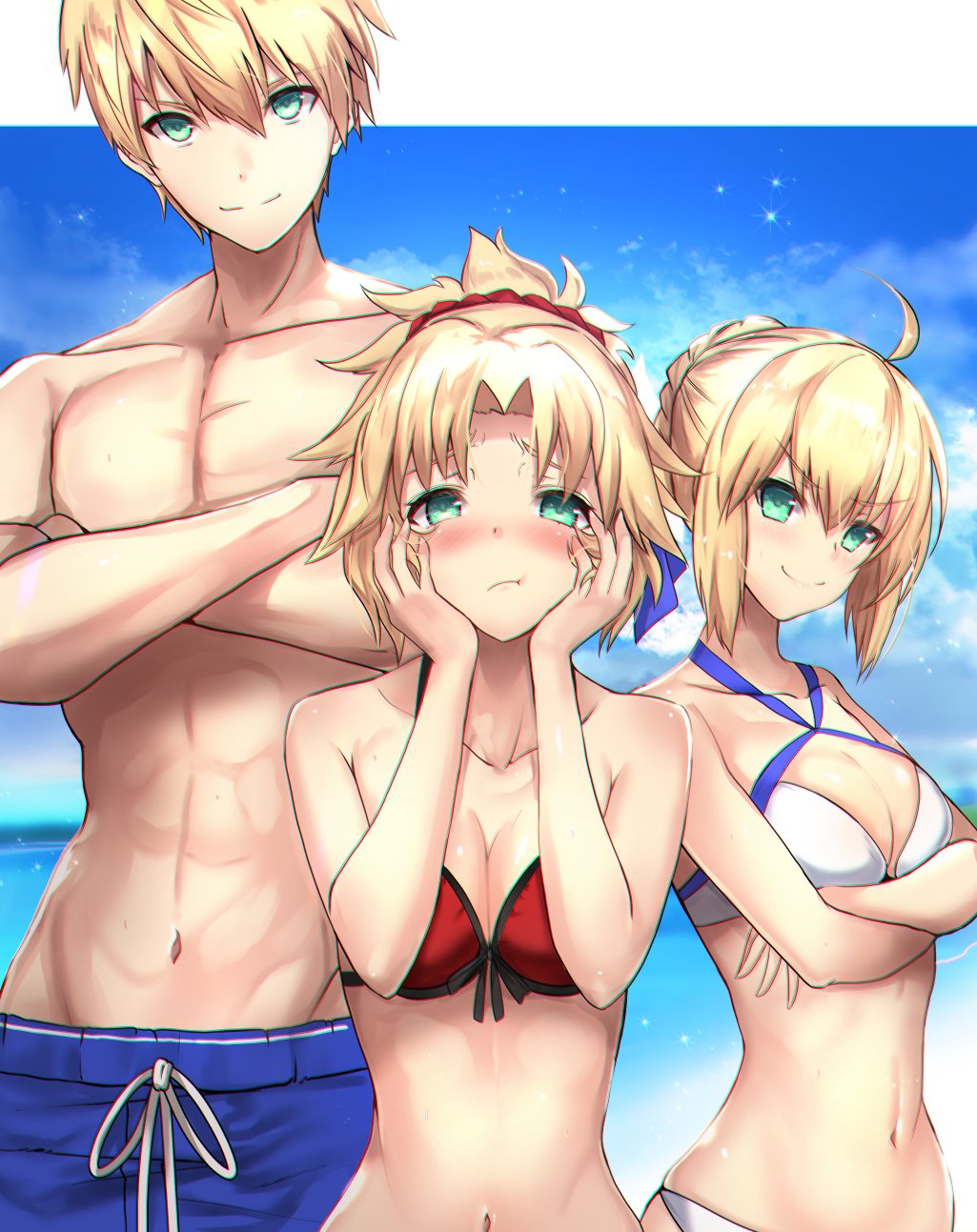 1boy 2girls ahoge arthur_pendragon_(fate) artoria_pendragon_(all) artoria_pendragon_(swimsuit_archer) bare_shoulders blonde_hair blue_sky blush fate/grand_order fate_(series) hair_between_eyes highres looking_at_viewer mordred_(fate)_(all) mordred_(swimsuit_rider)_(fate) multiple_girls sky swimsuit untsue
