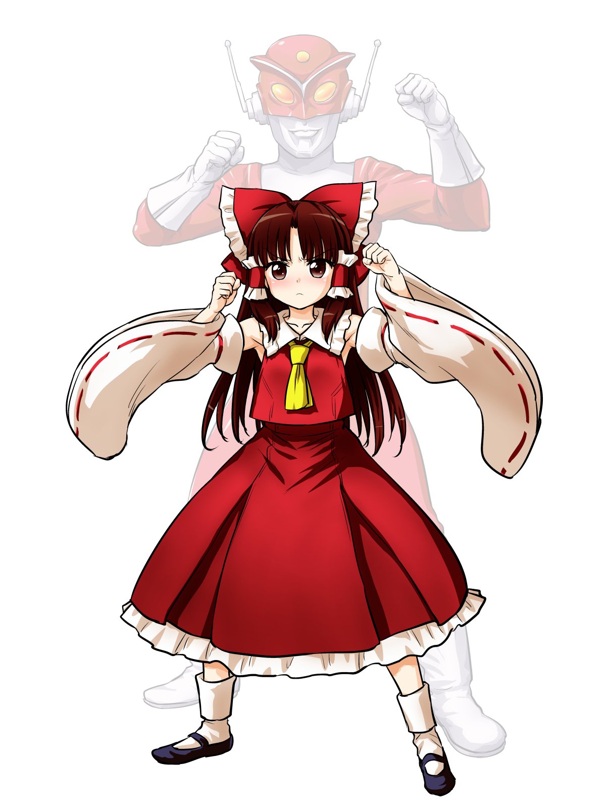 1girl ascot bobby_socks bow brown_eyes brown_hair commentary_request detached_sleeves hair_bow hair_tubes hakurei_reimu highres itou_yuuji long_hair mary_janes nontraditional_miko red_bow redman redman_(character) ribbon-trimmed_sleeves ribbon_trim shoes socks touhou white_background white_legwear wide_sleeves yellow_neckwear