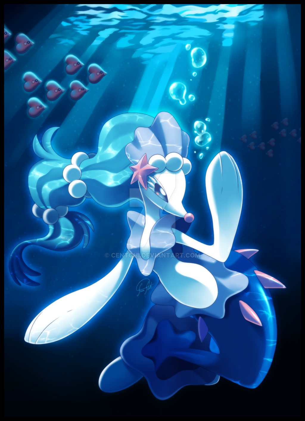 bubble creature creatures_(company) dark eyelashes game_freak gen_3_pokemon gen_7_pokemon highres light luvdisc nintendo no_humans pokemon pokemon_(creature) primarina samantha_j_stroh underwater watermark web_address