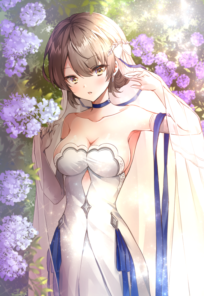 1girl bangs blue_choker blue_ribbon blurry blurry_background blush breasts brown_eyes brown_hair choker cleavage depth_of_field dress eyebrows_visible_through_hair flower girls_frontline hair_between_eyes hands_up head_tilt looking_at_viewer medium_breasts melings_(aot2846) parted_lips purple_flower revision ribbon see-through short_hair solo standing strapless strapless_dress vector_(girls_frontline) veil white_dress