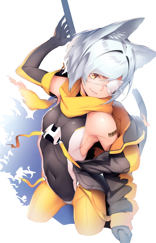 1girl animal_ears arm_tattoo barcode_tattoo breasts commentary_request covered_navel cowboy_shot cropped_legs elbow_gloves eyepatch gloves grey_hair hair_intakes leotard off_shoulder original ryuji_(ikeriu) scarf short_hair simple_background small_breasts solo tail tattoo weapon weapon_on_back white_background yellow_eyes