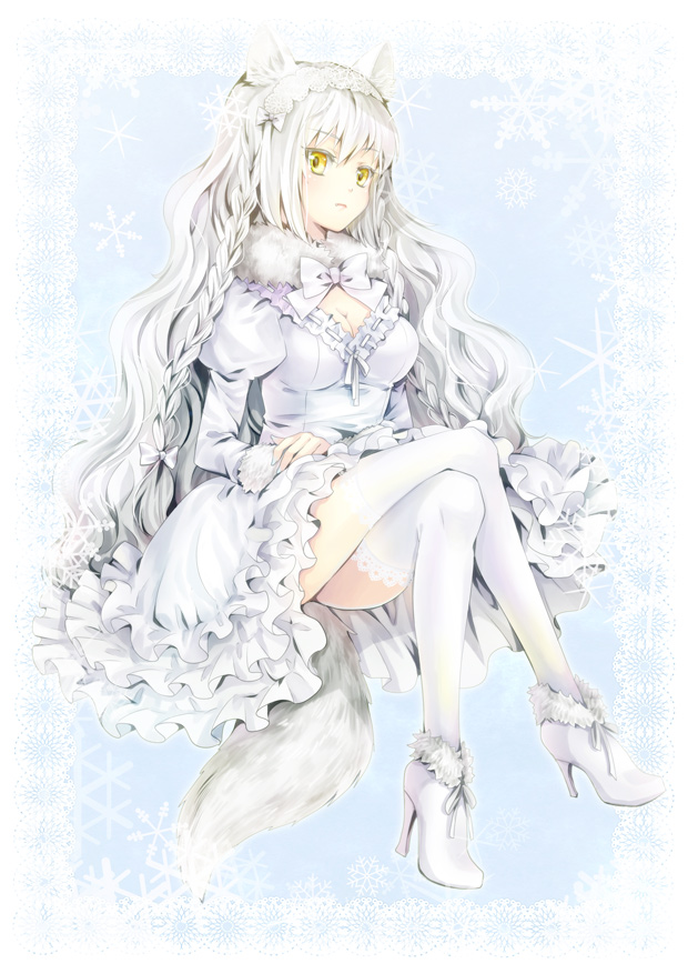 1girl bow bowtie breasts cleavage cropped_legs full_body fur-trimmed_footwear hair_between_eyes hands_on_lap high_heels invisible_chair long_hair long_sleeves looking_at_viewer medium_breasts momoko_(momoko14) original silver_hair sitting solo thigh-highs very_long_hair white_bow white_footwear white_legwear white_neckwear yellow_eyes