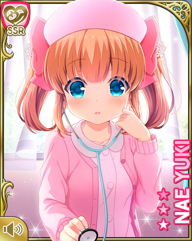 1girl blue_eyes brown_hair cardigan character_name dress girlfriend_(kari) hat long_hair nurse nurse_cap official_art open_mouth pink_cardigan pink_dress pink_hat qp:flapper ribbon solo stethoscope twintails upper_body yuuki_nae