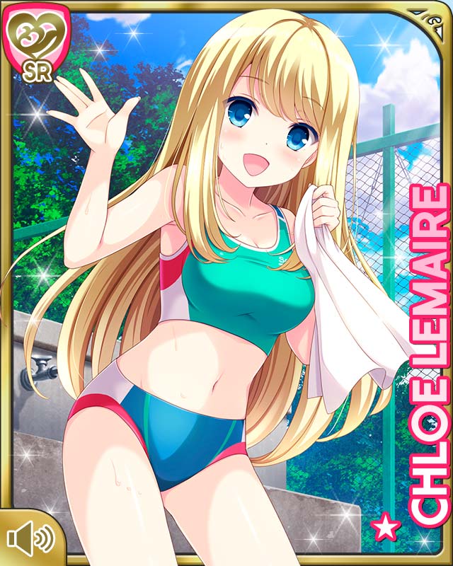 1girl arm_up armpits bikini blonde_hair blue_eyes breasts buruma chain-link_fence character_name chloe_lemaire clouds faucet fence girlfriend_(kari) green_bikini green_buruma green_sports_bra long_hair navel official_art open_mouth outdoors qp:flapper sky smile solo sports_bikini sports_bra sportswear swimsuit towel tree waving