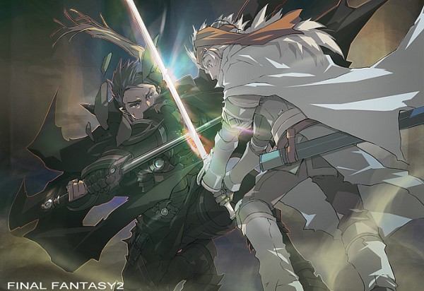 2boys armor bandanna battle black black_armor black_gloves black_hair cape clash cloak crosscounter duel epic eye_contact fighting final_fantasy final_fantasy_ii frioniel gloves holding holding_sword holding_weapon holster long_hair looking_at_another male_focus multiple_boys orange_bandana sheath short_hair standing sword two-handed weapon white_cape yuyo