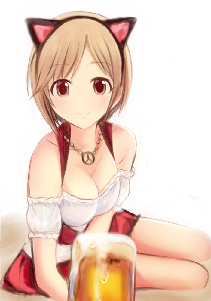 1girl aiba_yumi alcohol animal_ears bangs bare_legs bare_shoulders beer beer_mug blush breasts brown_eyes brown_hair cat_ears cleavage collarbone eyebrows_visible_through_hair foam idolmaster idolmaster_cinderella_girls jewelry looking_at_viewer medium_breasts nannacy7 necklace peace_symbol short_hair sitting smile solo waitress white_background