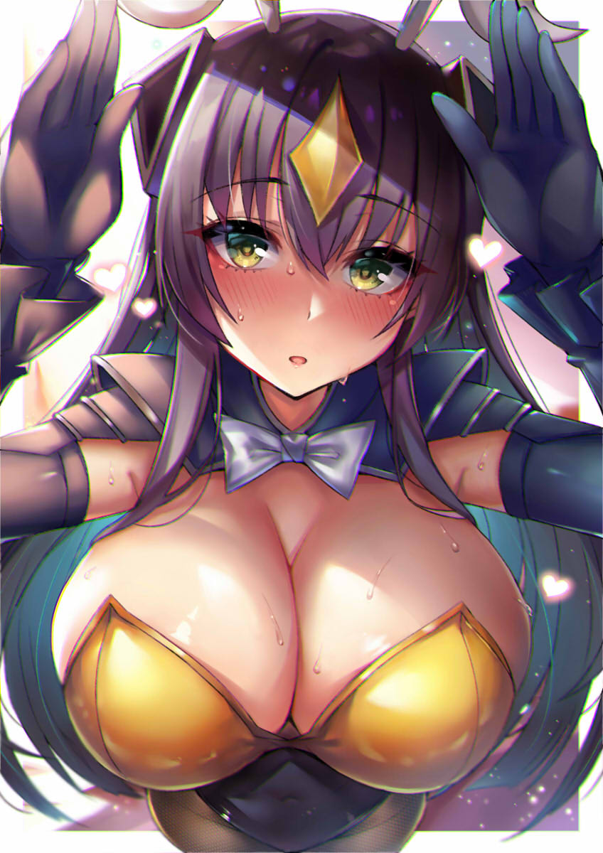 1girl animal_ears bangs black_gloves black_hair blush bow bowtie breasts bunnysuit cleavage gloves hair_between_eyes hands_up highres large_breasts long_hair looking_at_viewer moze open_mouth parted_lips rabbit_ears solo sweat ultra_kaijuu_gijinka_keikaku ultra_series yellow_eyes zetton