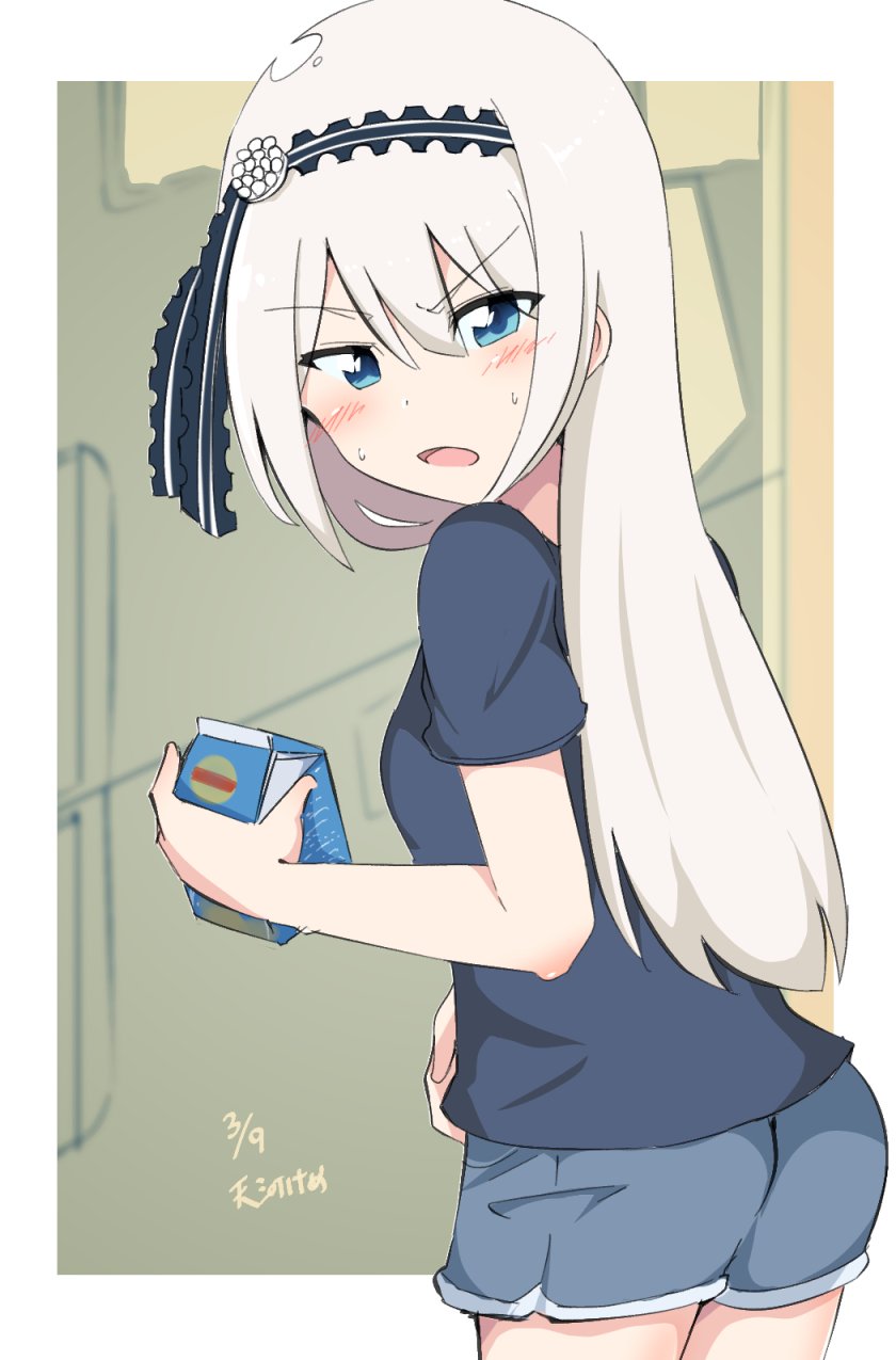 1girl blue_eyes blush commentary cowboy_shot dated eyebrows_visible_through_hair from_behind hairband highres holding_carton kaguya-sama_wa_kokurasetai_~tensai-tachi_no_renai_zunousen~ long_hair looking_at_viewer looking_back milk_carton open_mouth refrigerator shiny shiny_hair shirogane_kei shirt short_shorts shorts signature silver_hair solo sweat sweatdrop t-shirt tenkawa_keme v-shaped_eyebrows