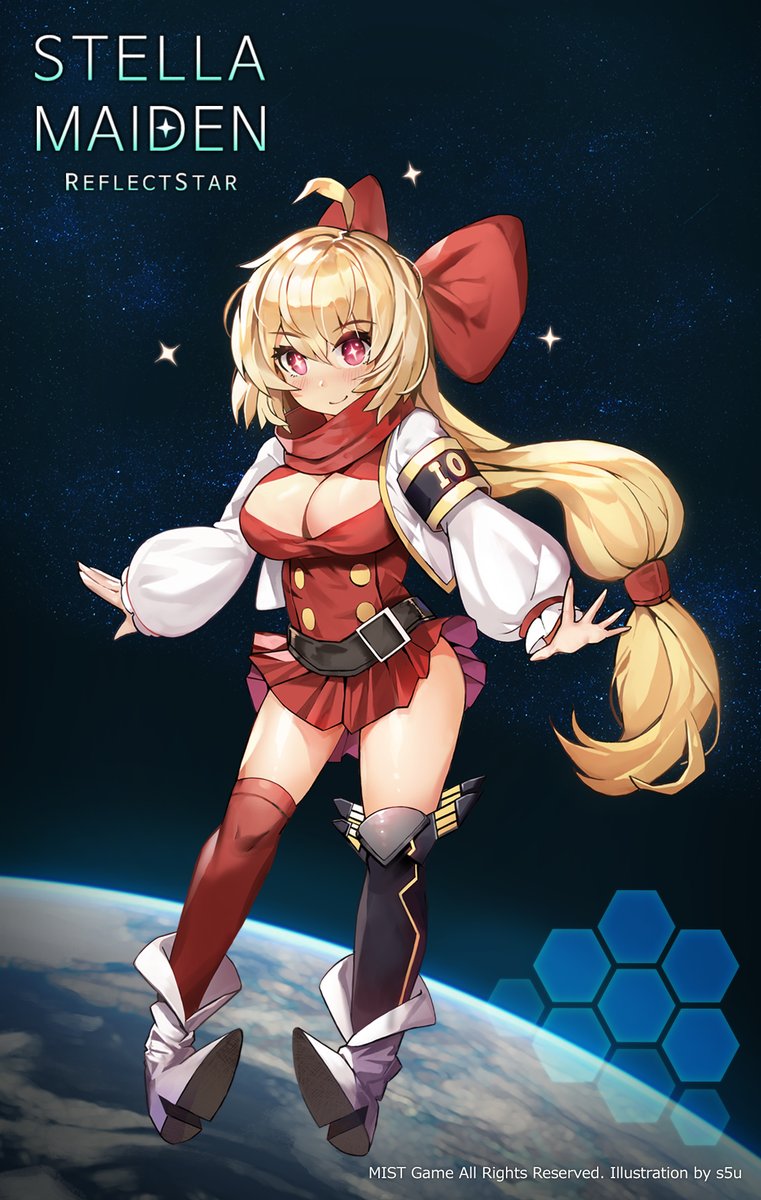 +_+ 1girl ahoge armband bangs belt belt_buckle black_belt black_legwear blonde_hair blush boots bow breasts buckle cleavage cleavage_cutout closed_mouth copyright_name dress earth eto_(nistavilo2) eyebrows_visible_through_hair hair_between_eyes hair_bow highres jacket large_breasts long_hair long_sleeves low-tied_long_hair mismatched_legwear open_clothes open_jacket pleated_dress puffy_long_sleeves puffy_sleeves red_bow red_dress red_eyes red_legwear red_scarf scarf sleeves_past_wrists smile solo space sparkle star_(sky) stella_maiden thigh-highs very_long_hair watermark white_footwear white_jacket