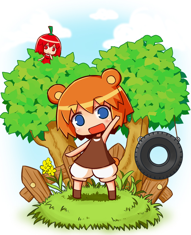 2girls :d :o animal_ears arm_up bangs bare_arms bare_shoulders bear_ears bear_girl bear_tail blue_eyes blue_sky blush brown_hair brown_shirt chibi clouds cloudy_sky commentary_request day dress eyebrows_visible_through_hair fence flower grass habanero-tan hair_between_eyes head_tilt in_tree kuma-tan kumatanchi multiple_girls naga_u open_mouth original outdoors parted_lips puffy_shorts red_dress red_eyes redhead shirt short_shorts shorts sky sleeveless sleeveless_dress sleeveless_shirt smile standing tail tire_swing tree white_shorts yellow_flower